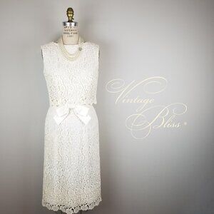 Vintage 1960's Cream Lace Cocktail Dress w/Bow Belt  Mari for I Magnin & Co * S